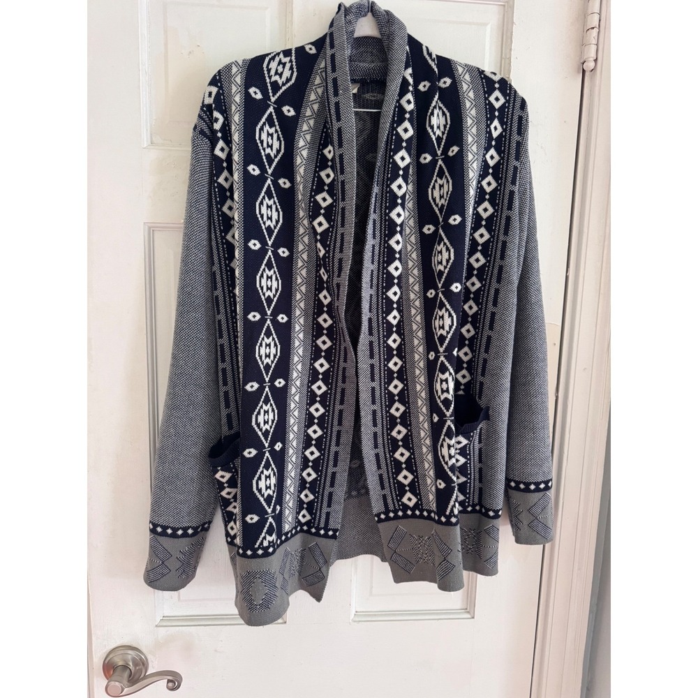 Everly Womens Navy Blue Grey Geometric Tribal Open Front Pocket Cardigan Size M